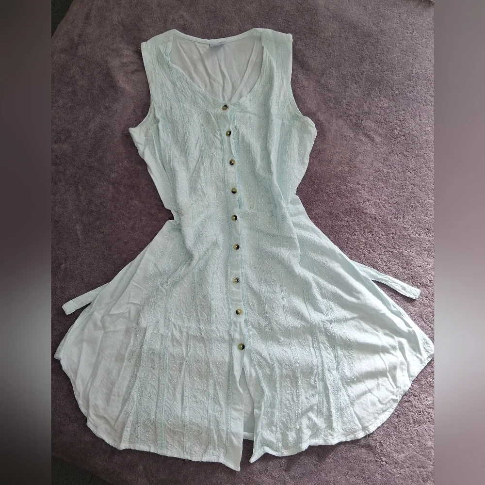 Vintage Boho Embroidered 100% Rayon Mini Dress With Button Front And Tie Back - Picture 4 of 10